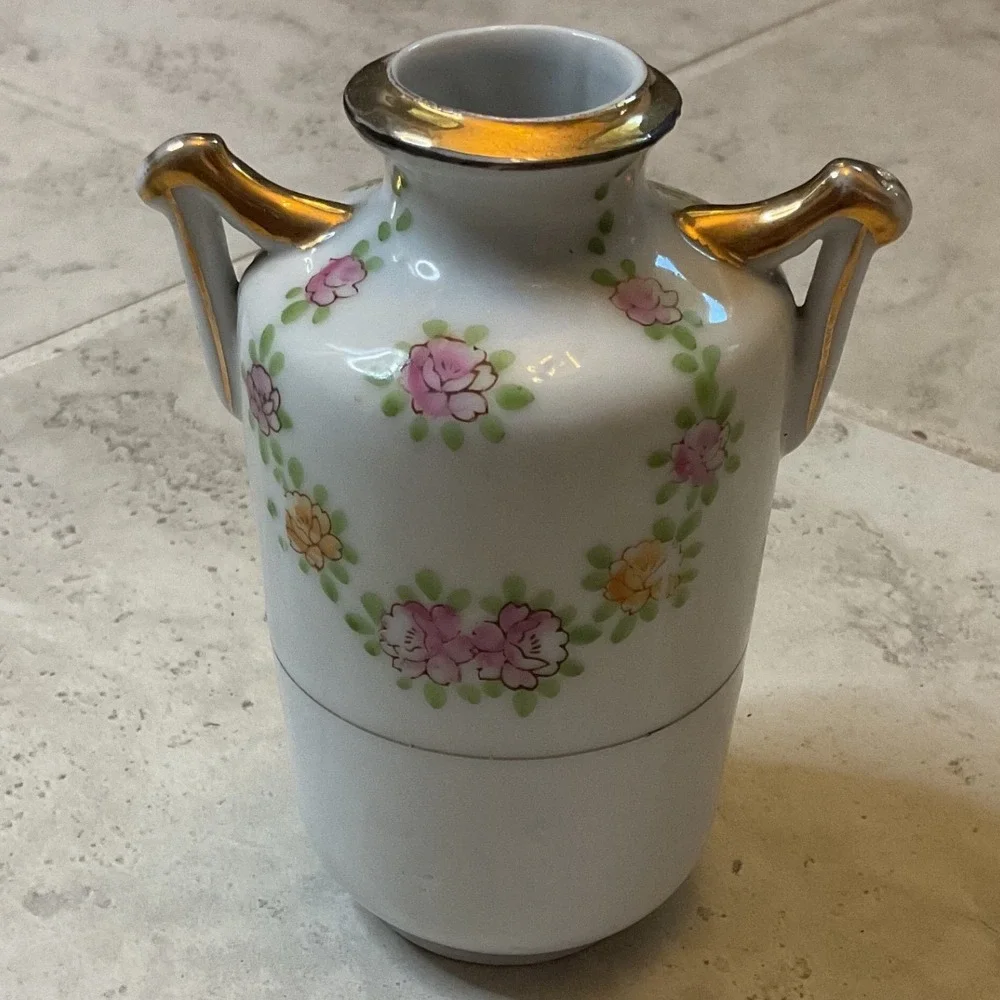 Vintage Hand Painted Japan Porcelain Floral Bud Vase Gold Gilt Handles Roses